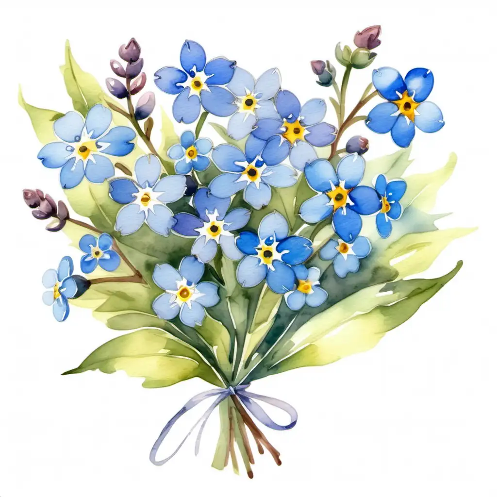 Watercolor painting of a bouquet of forget me not flowers