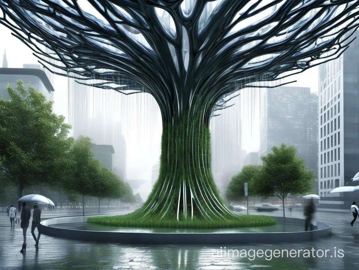 year 2050, one futuristic  parametric  designed tree like sculpture collecting water in city covered  while it rains, 
