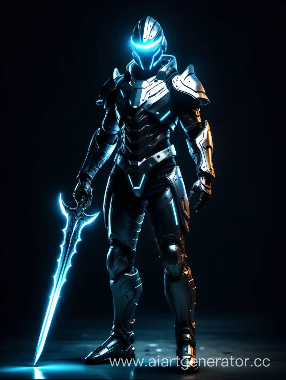 Человек со светящимся мечом в футуристичном защитном бронированном костюме с подсветкой 