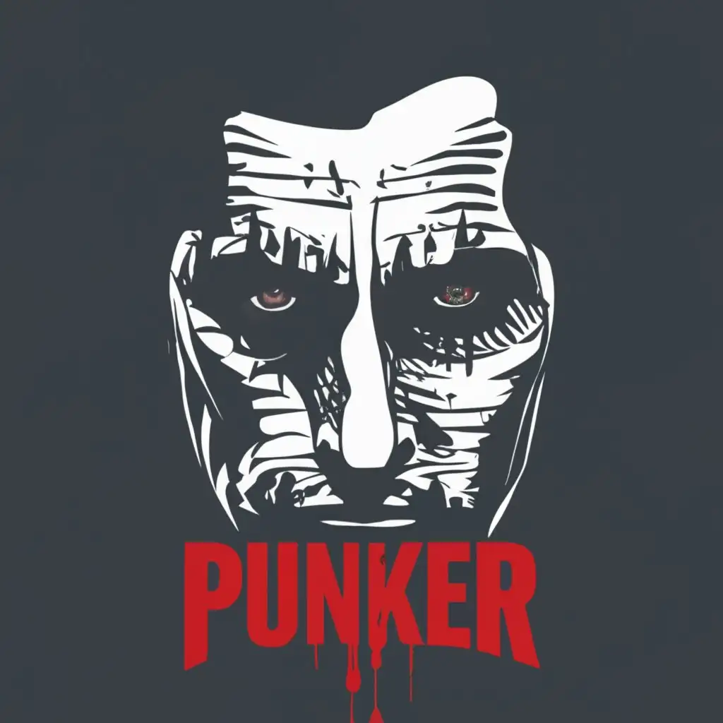 logo, Christian Bale American Psycho face detail dark, with the text "Punker", typography, be used in Entertainment industry