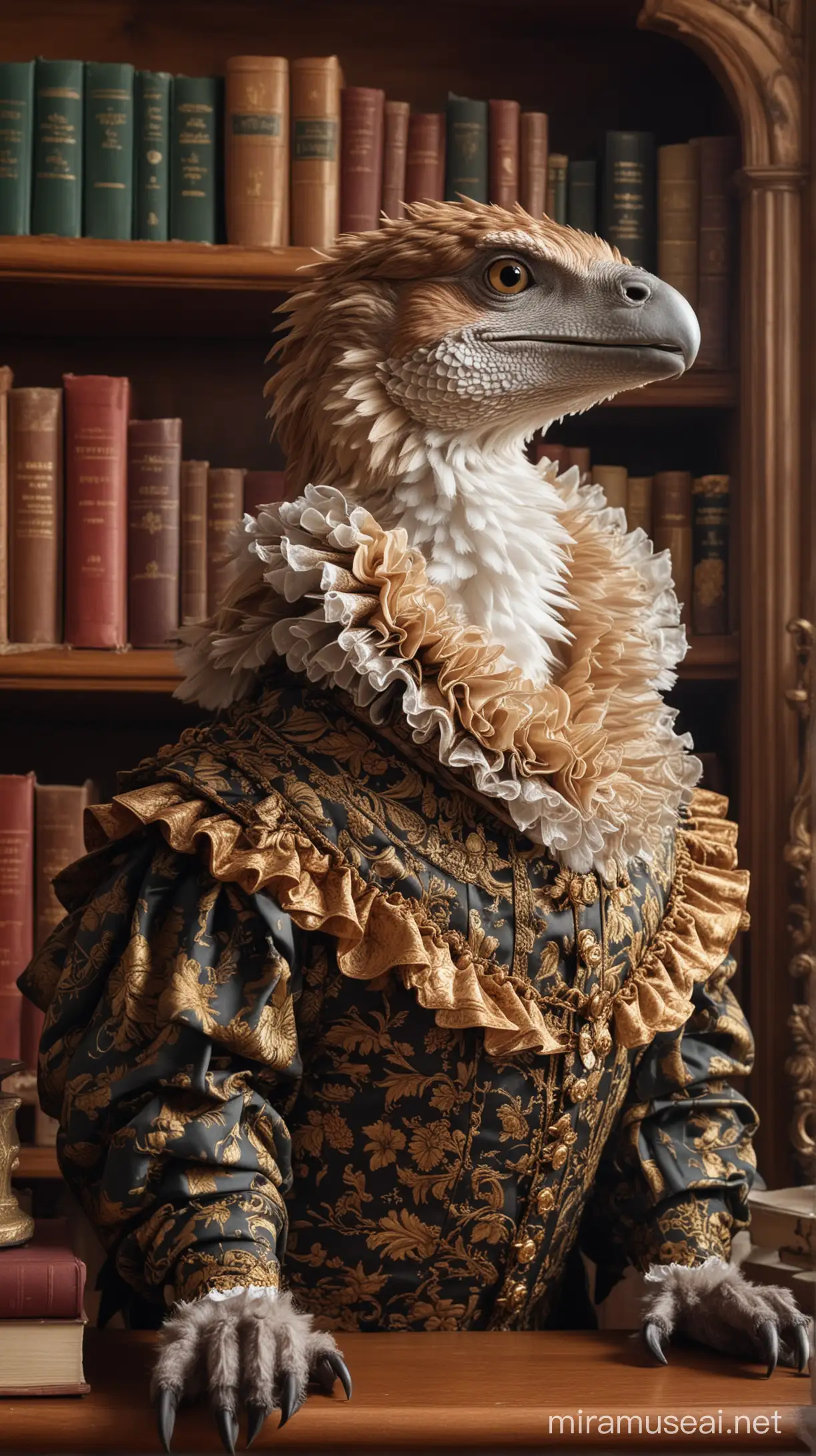 Ein Raptor in barocker kleidung mit breiter halskrause vor einem bücherregal
