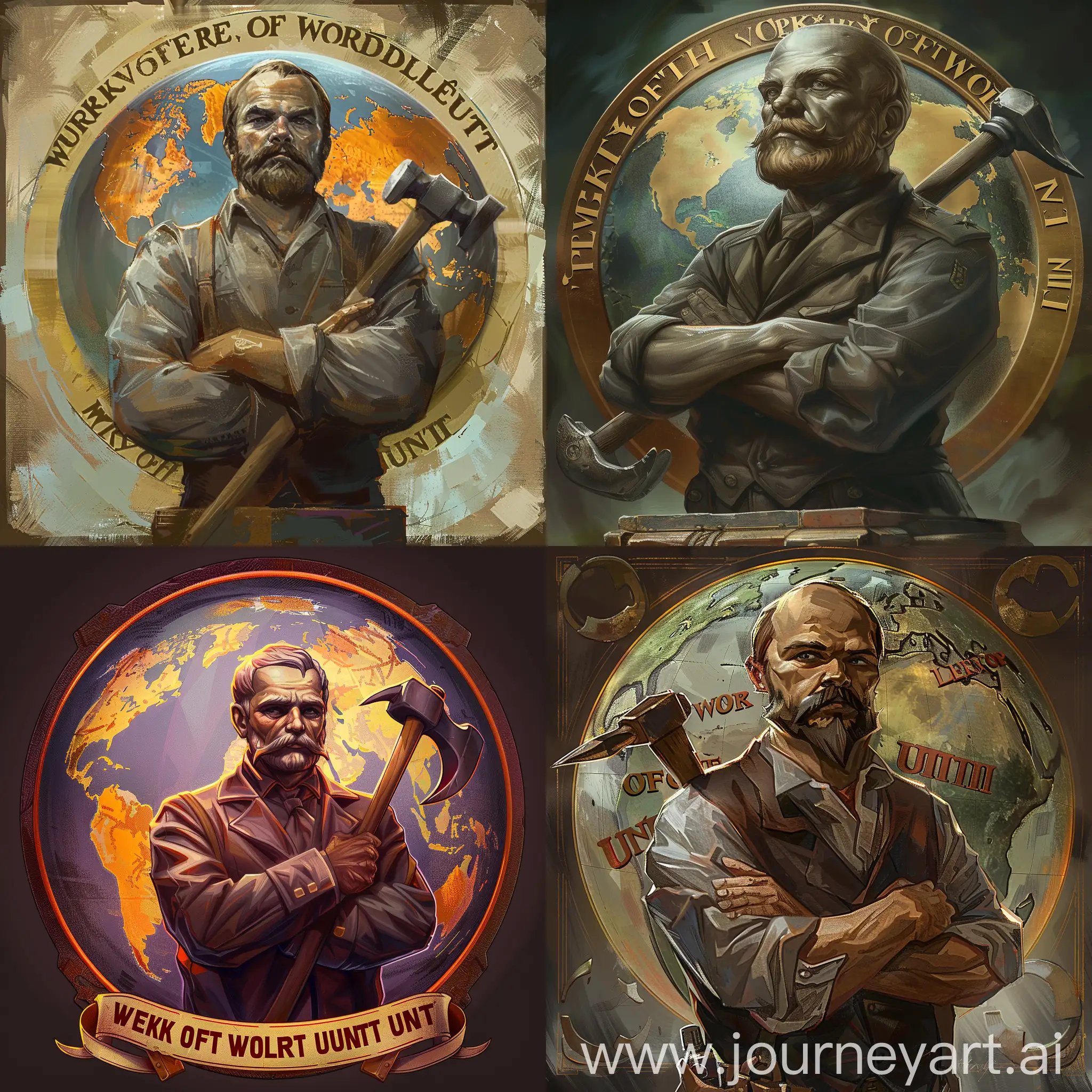 a digital painting in dnd style of the bust of Vladimir Lenin with his arms crossed, carrying a sickle in his right hand and a hammer in his left hand, in the background the world globe with the phrase "workers of the world, unite" around it