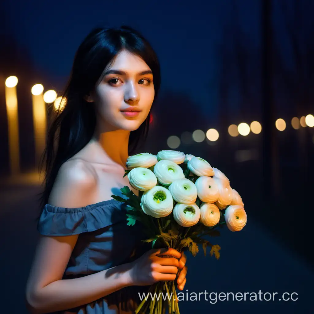 Elegant-Caucasian-Woman-Embracing-Night-with-Ranunculus-Bouquet
