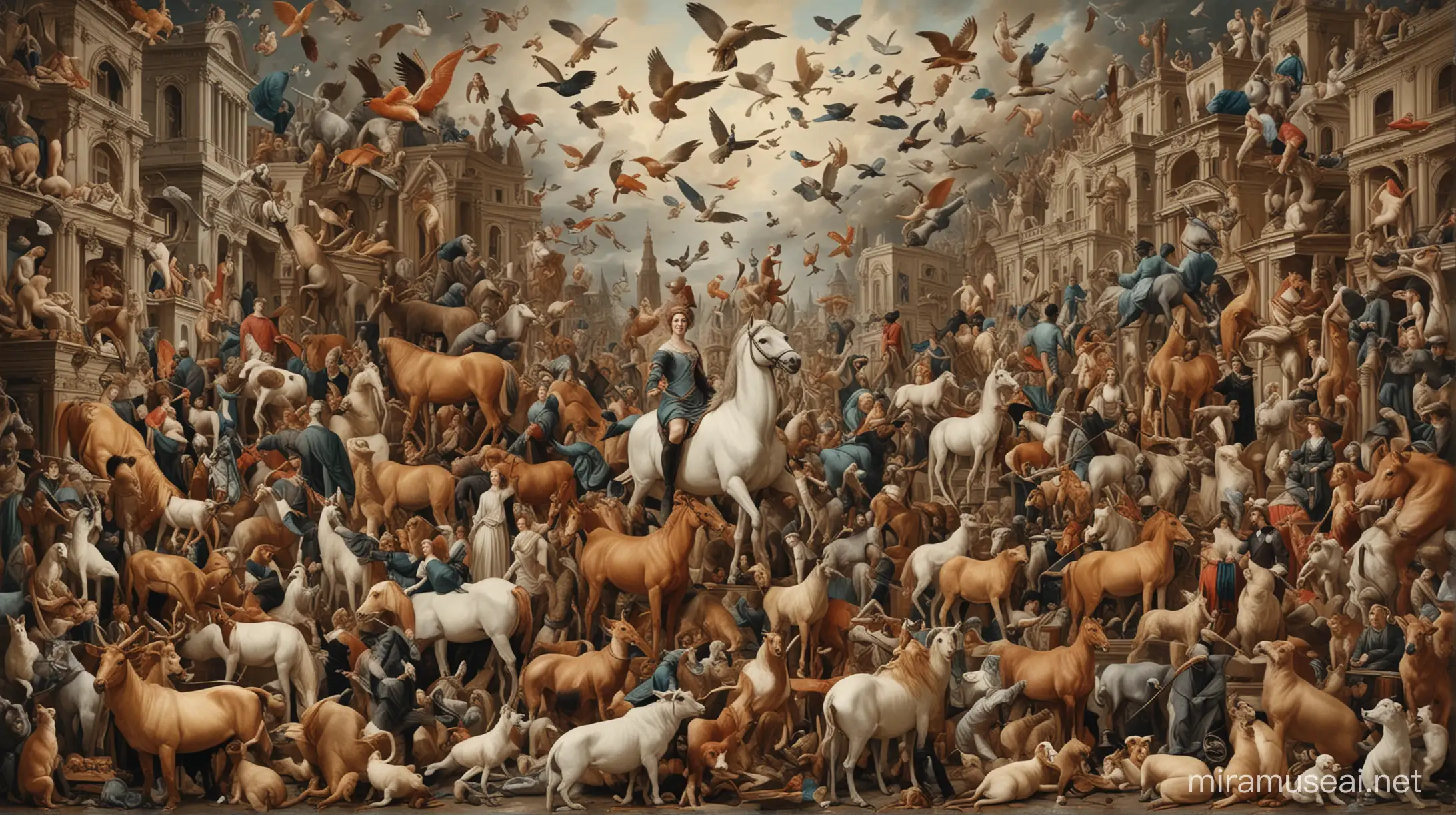 Eclectic Collage Captivatingly Chaotic Composition of Classical Art Animals and Human Figures