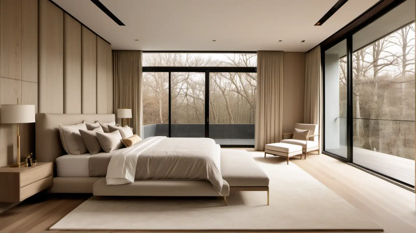 Grand minimalist home Master bedroom with king bed; beige; oak; brass colour palette; oak flooring; floor to ceiling windows

