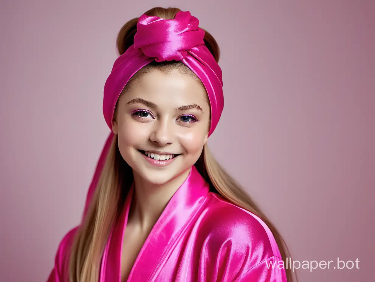Yulia Lipnitskaya smiles with long, straight silky hair in a luxurious, delicate, silk robe of pink fuchsia color with a pink silk towel turban on her head.