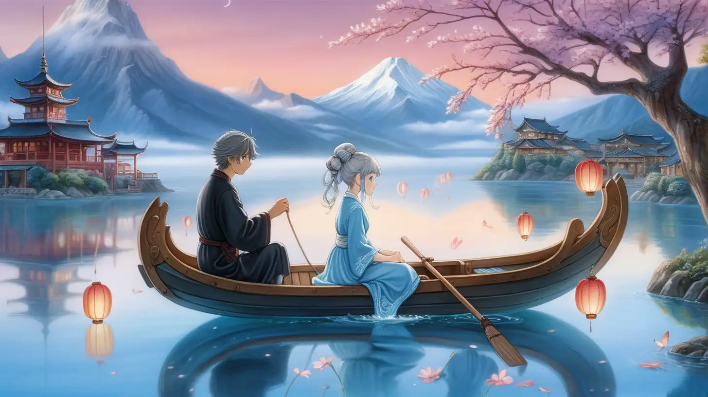 Ethereal GhibliInspired Painting of a Romantic Boat Ride in the Sky