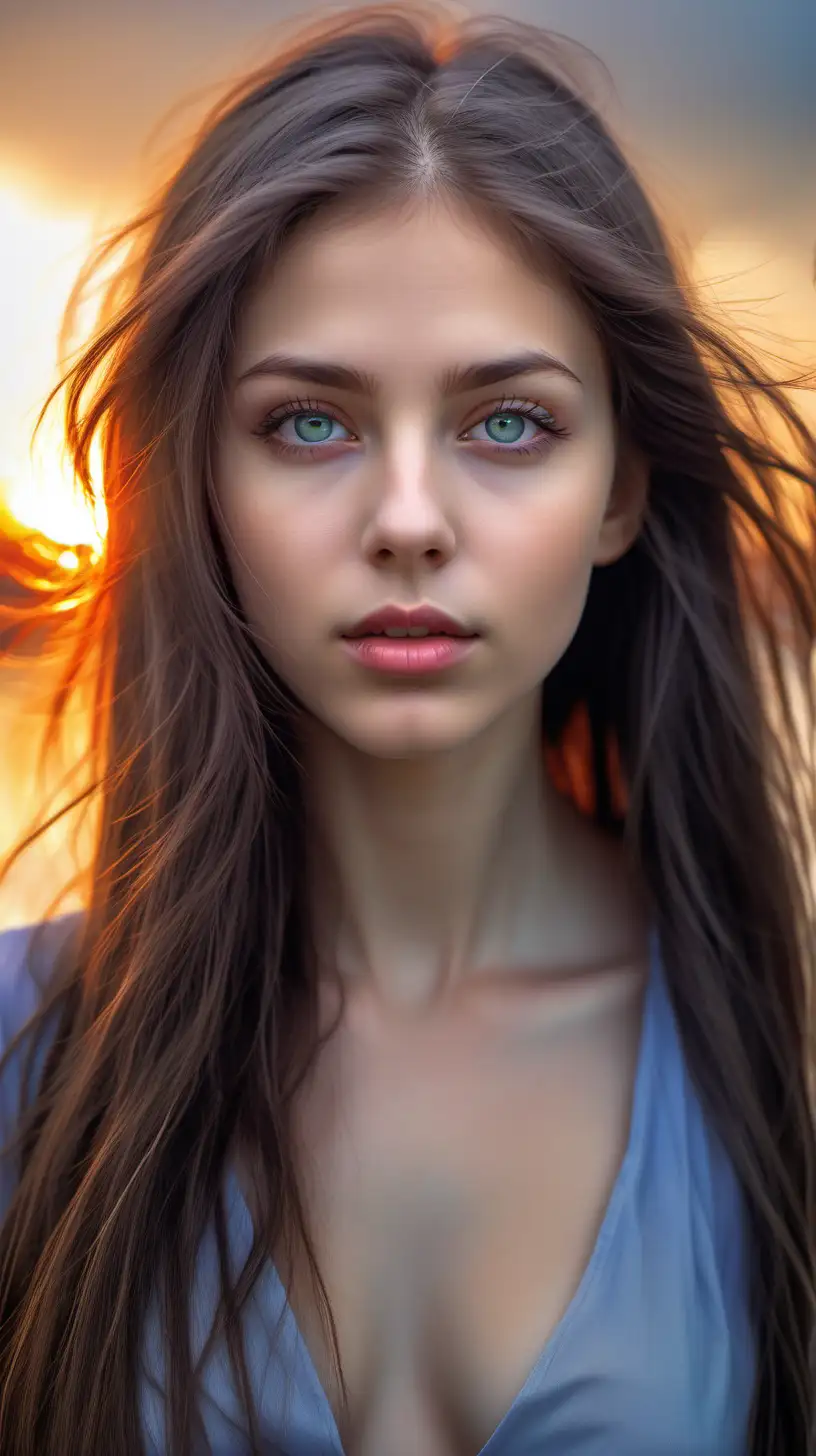 Bust portrait of the girl. Slightly  skin, matte, without reflections. Expressive eyes, suggesting gentleness and inner beauty. Velvety long hair with, multi-colored reflections. Full, natural and well-defined lips. Perfectly symmetrical features. Perfectly proportioned. Slightly porous skin. Long eyelashes and iris with gray color. lightning on the sunrise on the beach