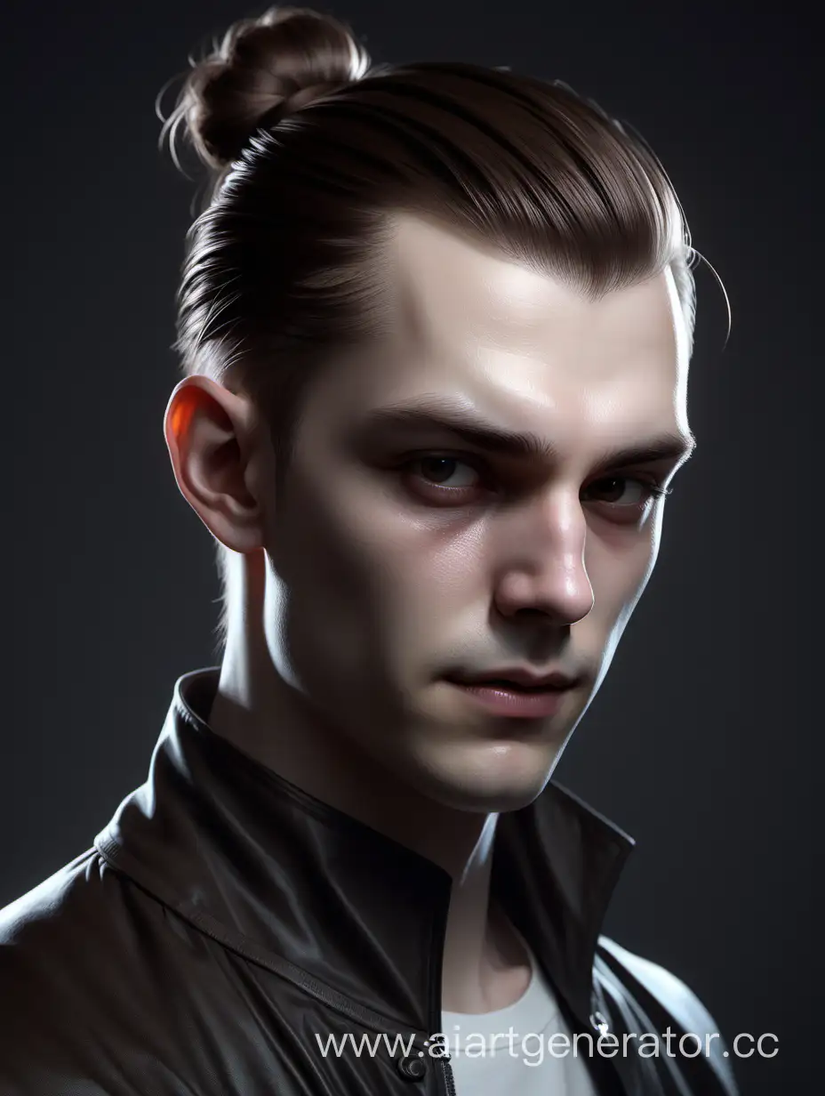 Brown hair slicked back.Head and shoulders portrait, WLOP, concept art, 8k, 8k resolution concept art portrait. Thin contours. Thin lines. dynamic lighting. Artgerm. hyperdetailed. A young, thin boy 19 years old. A vampire. Pale white skin. Brown hair is combed back and tied into a ponytail. Man bun. Dressed in a black jacket. Black clubs at home in the background.