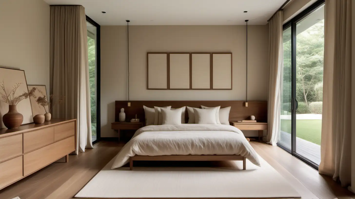 an organic minimalist modern japandi style estate home long bedroom with dressing and beauty area with built in cabinets and shelves; beige wool runner rug; walnut wood, oak flooring, Bauwerk ivory limewashed walls, a large window with linen curtains
