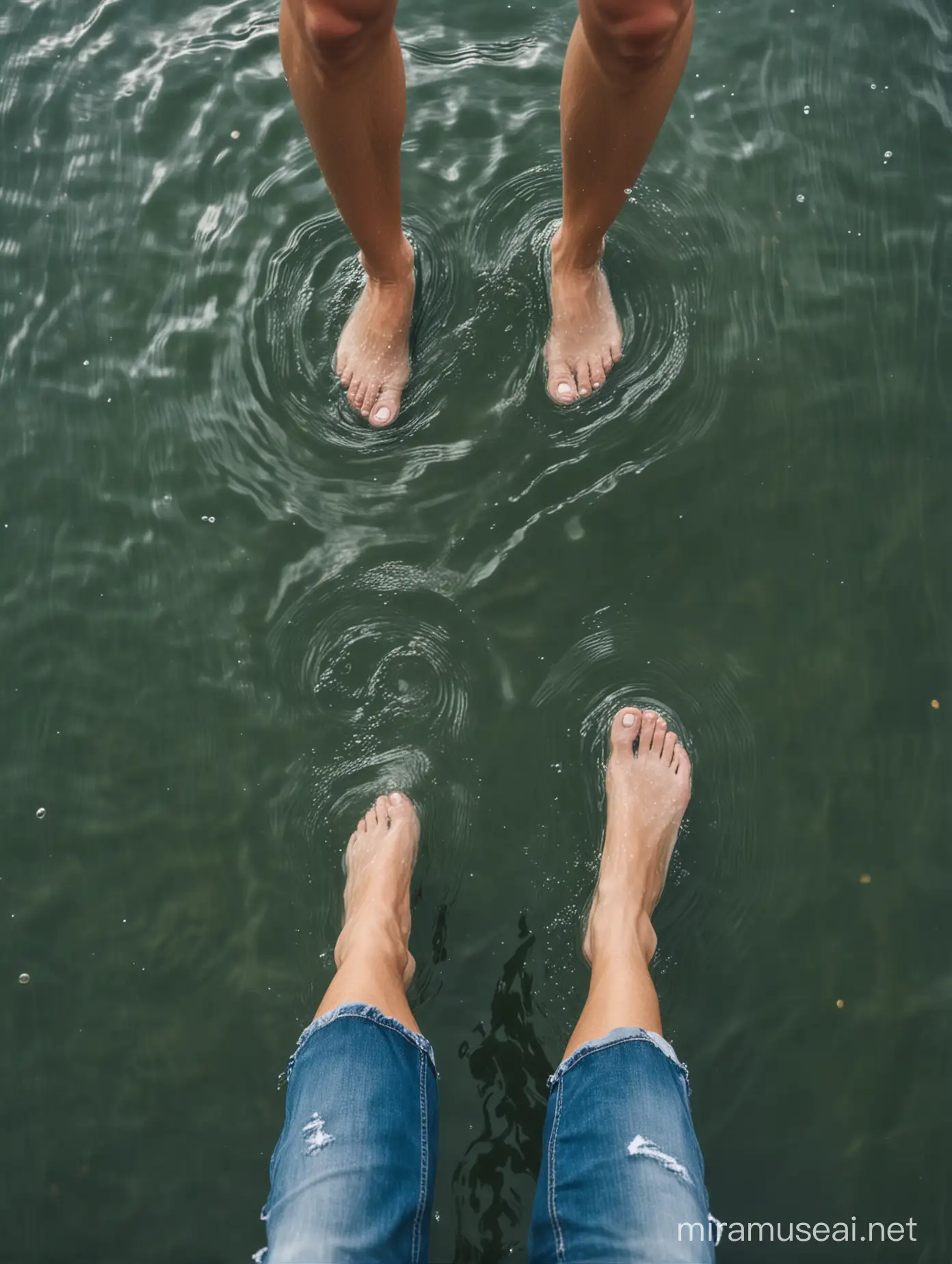 Create an image of feets of two people walking on water. Camera angle is overhead.