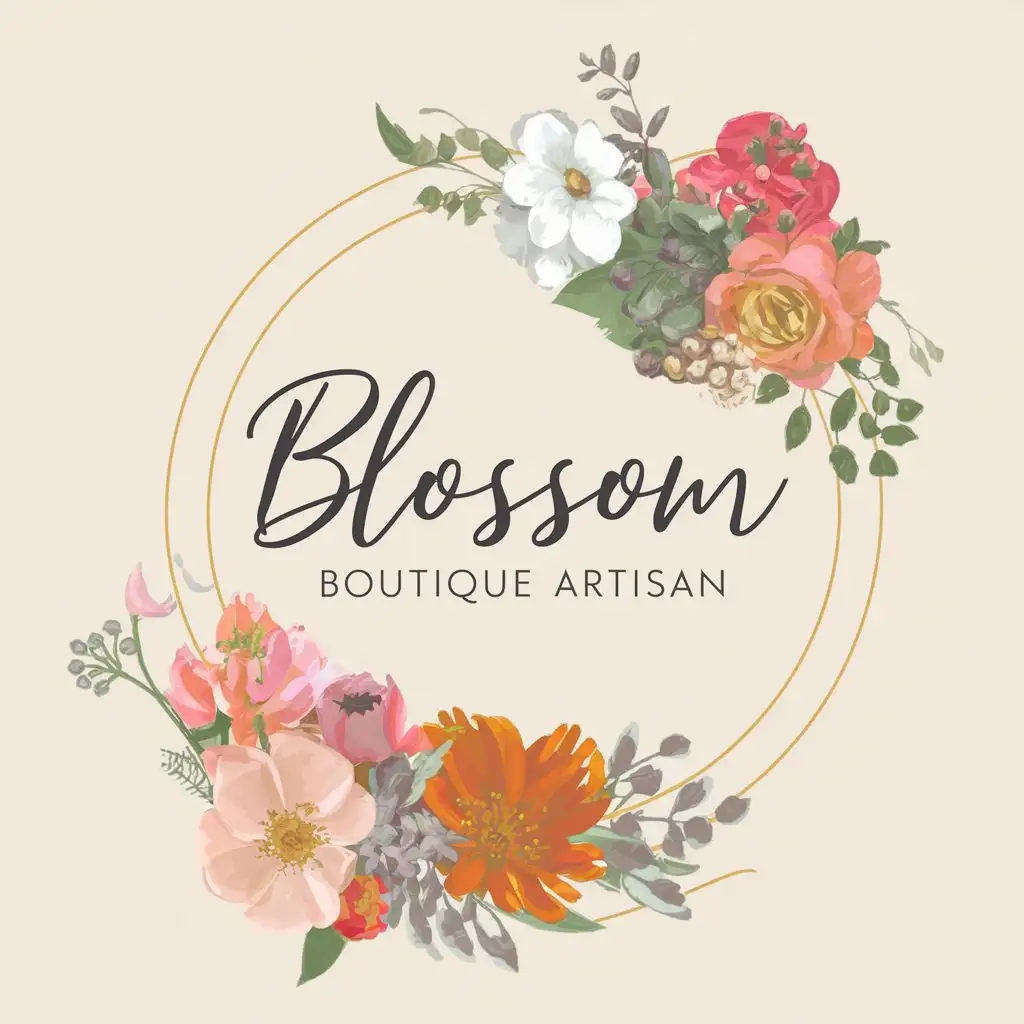 logo, handmade flowers and fresh flowers, with the text "Blossom Boutique Artisan", typography