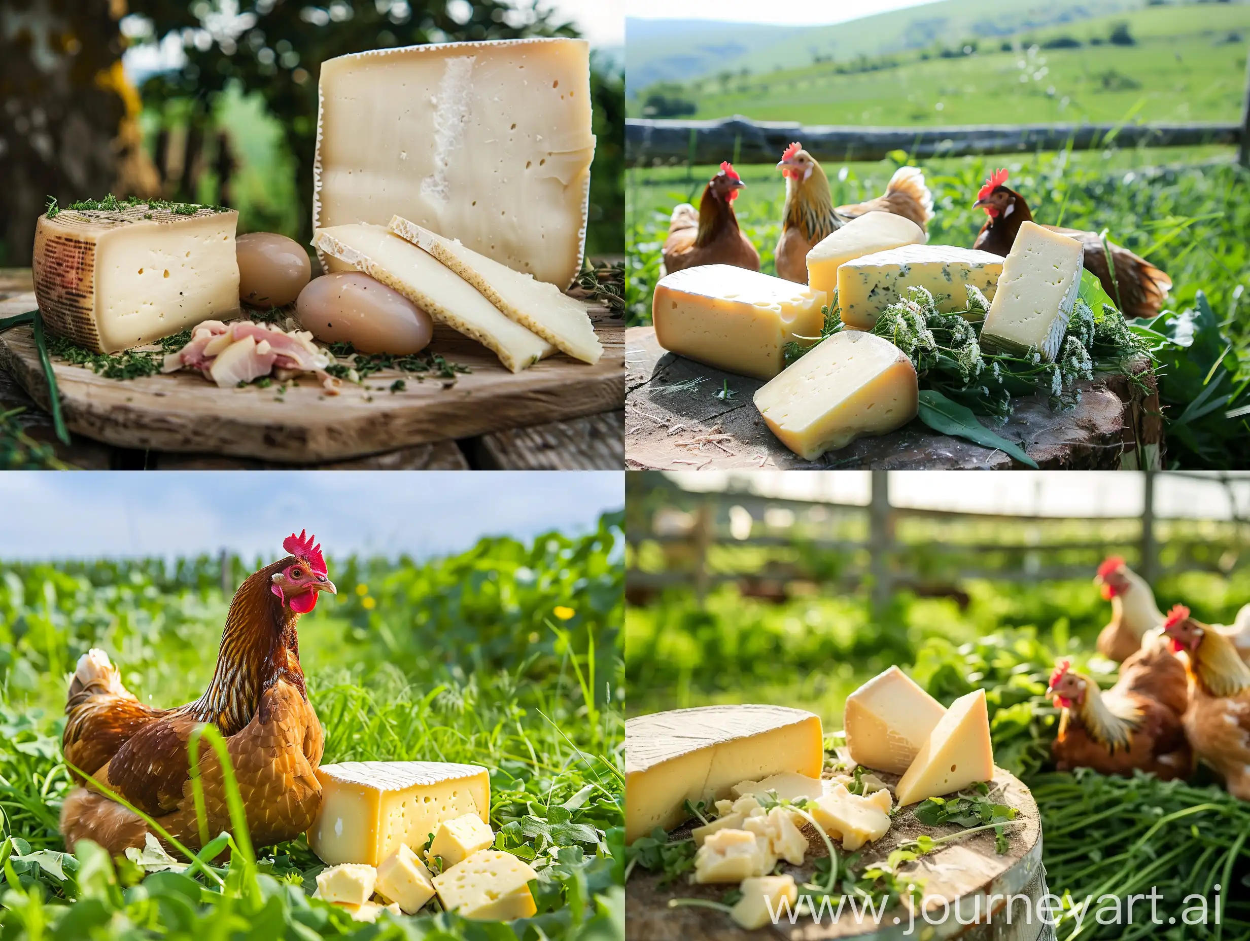 Cheese, dairy and chicken meat Beautiful green farm scene showing the natural side of where produce is generated