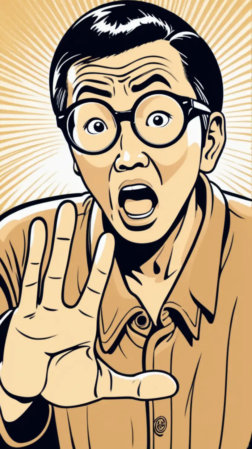 a 50 year old asian man with surprised face and hand gesture, wearing glasses and round face. retro comic style