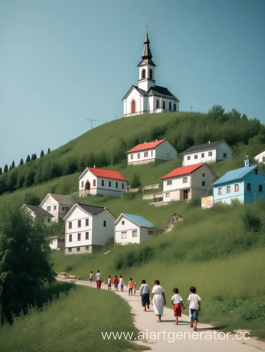 религиозное поселение летом, много домов, дети играют, родители ходят рядом, на холме стоит церковь