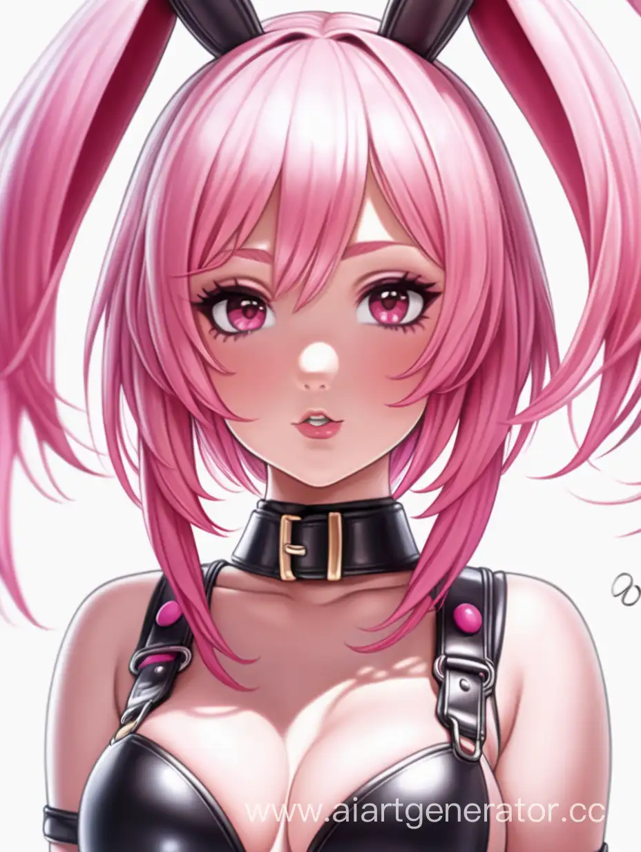 Draw an anime girl in a latex bunny costume with pink hair.