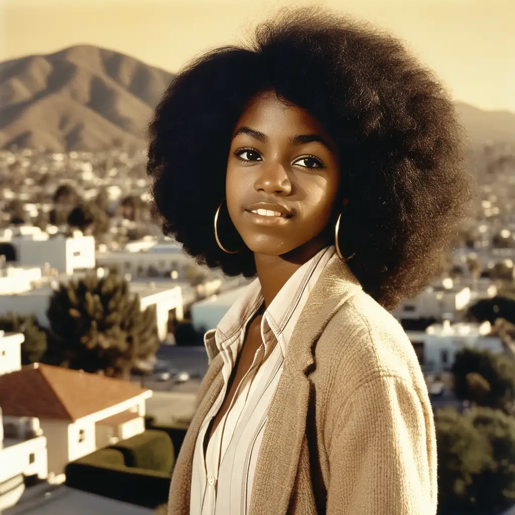 create image of beautiful black 21 year old woman from the year 1975 in Los Angeles California Scenery.