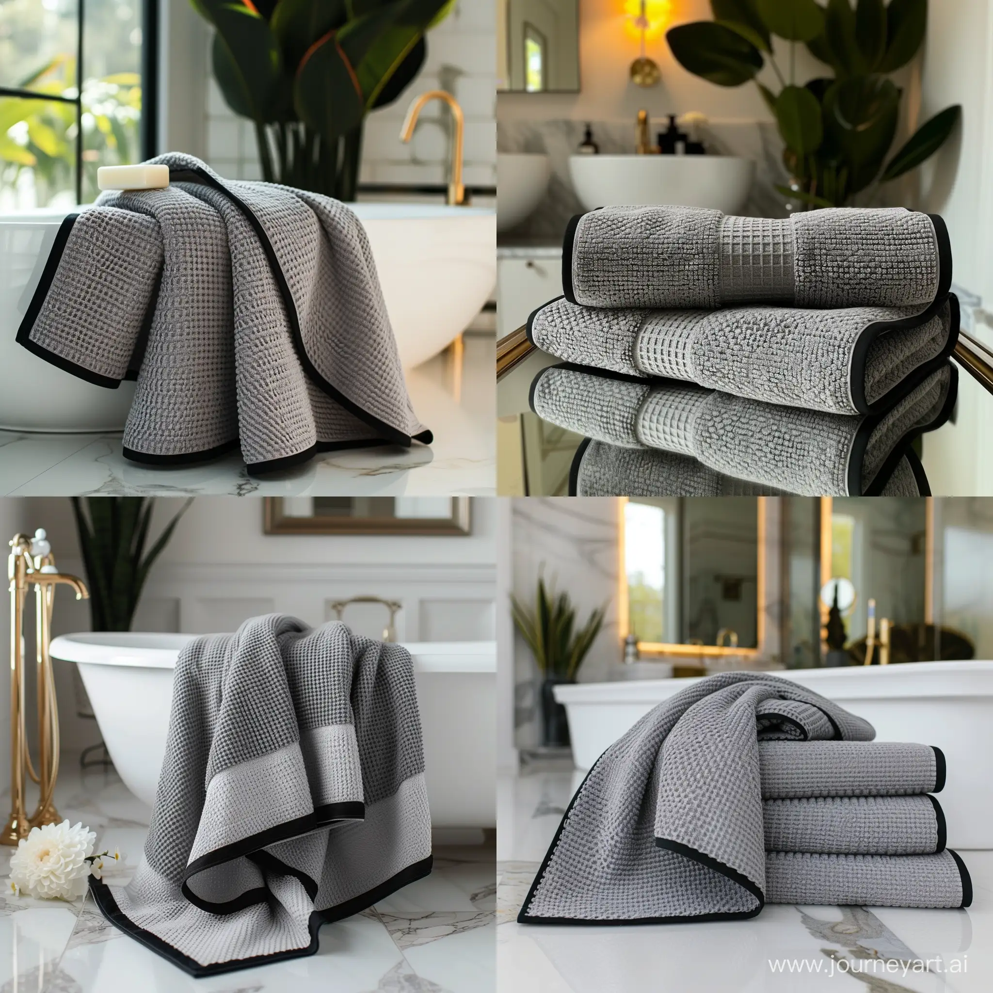 Luxurious Gray Waffle Bath Towels with Black Borders in Elegant Bright .