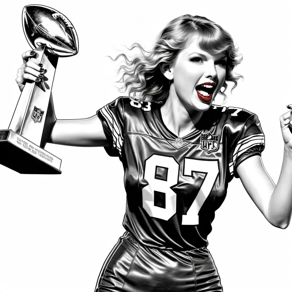 a drawing of an excited taylor swift with red lipstick, holding the Vince Lombardi Trophy, wearing number 87 kansas city football jersey