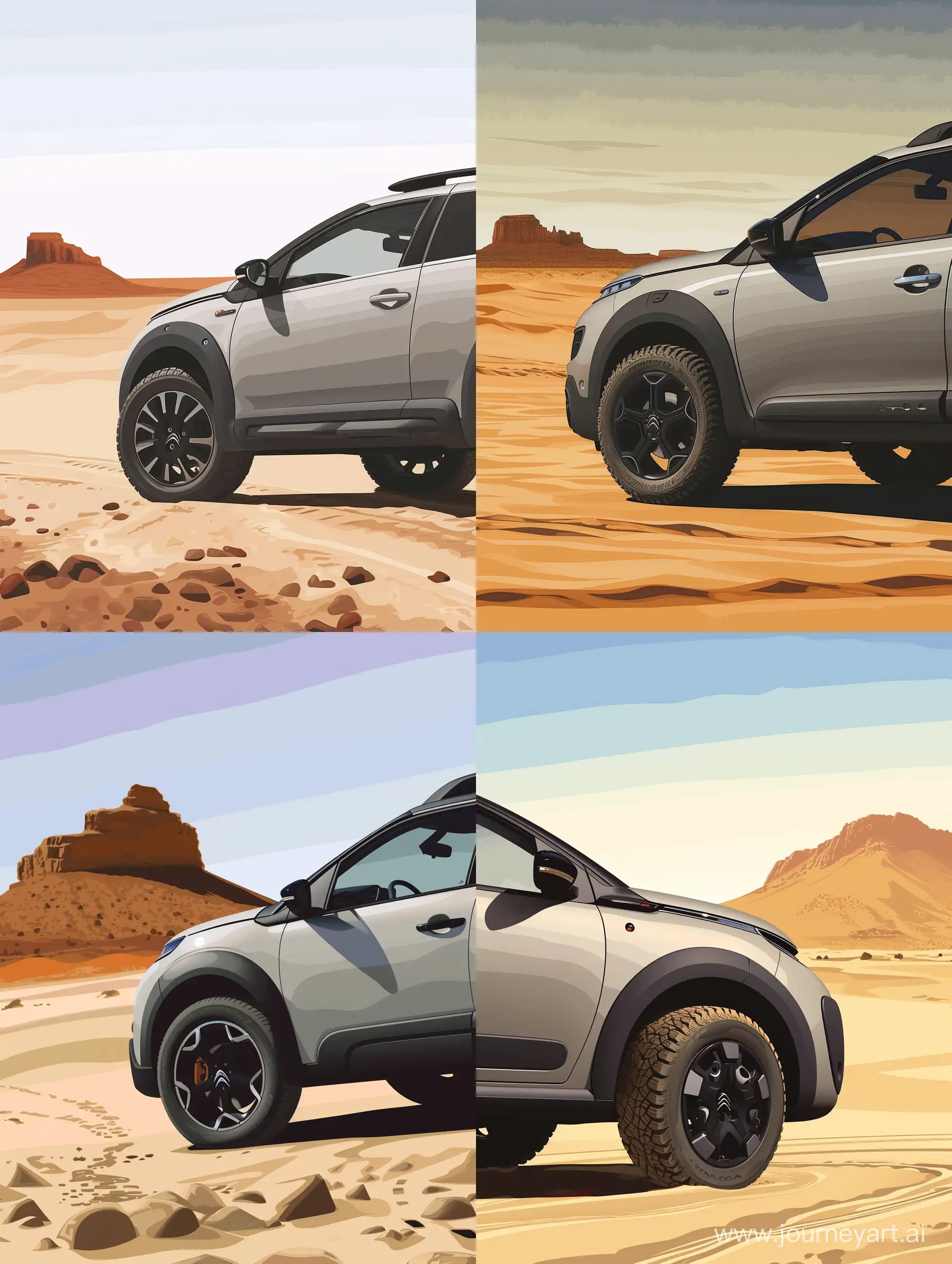 Silver gray 2015 model Citroen C4 Cactus vehicle with black rims, in the desert, illustration wallpaper, 2015 model Citroen C4 Cactus   2014 model C4 Cactus 