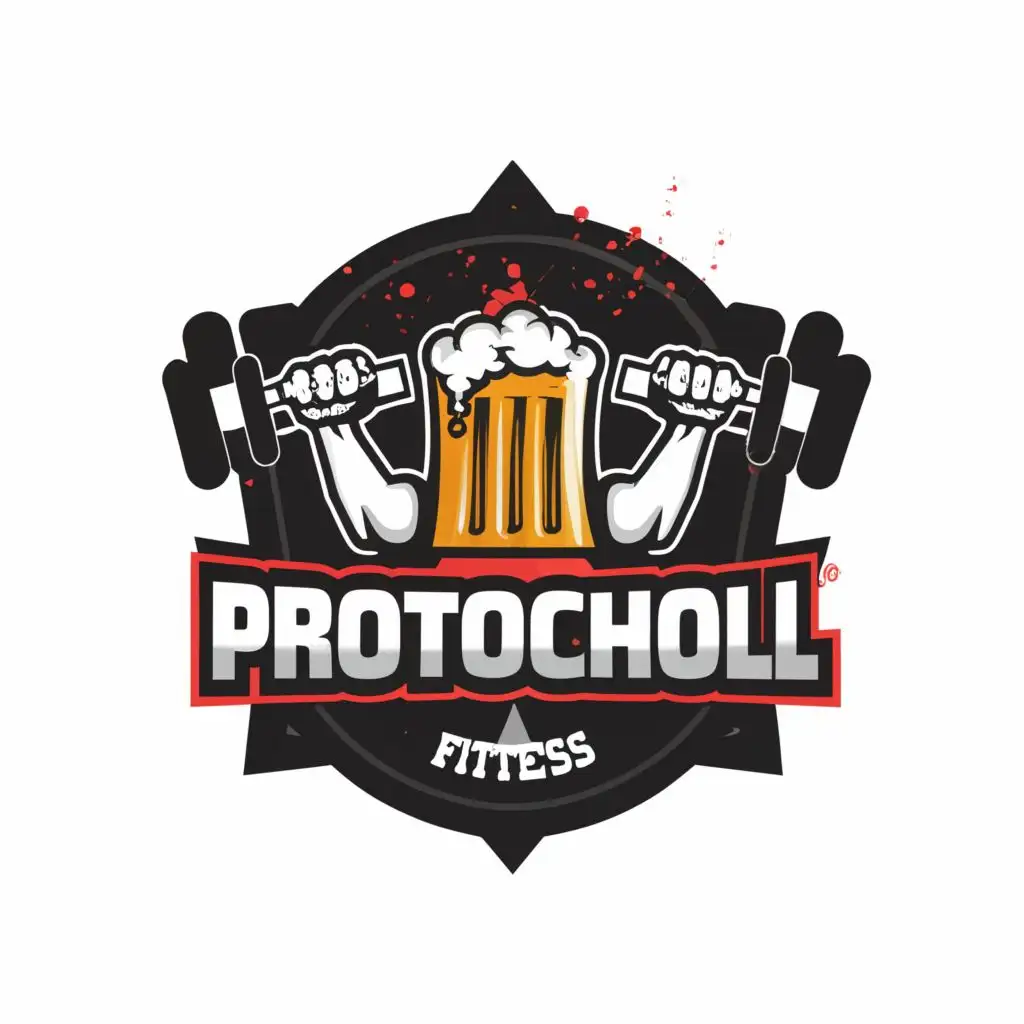 a logo design,with the text "Protochol", main symbol:Alcohol and Muscle arms,Moderate,be used in Sports Fitness industry,clear background