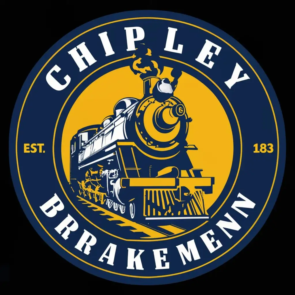 a logo design,with the text 'Chipley Brakemen', main symbol:a logo design,with the text 'Chipley Brakemen', main symbol:a logo of a train brakeman head looking intimidating, behind his head have a steam train moving make the logo bright blue and bright yellow. have the top of the circle say CHIPLEY,complex,be used in Sports Fitness industry,clear background. Fix the spelling