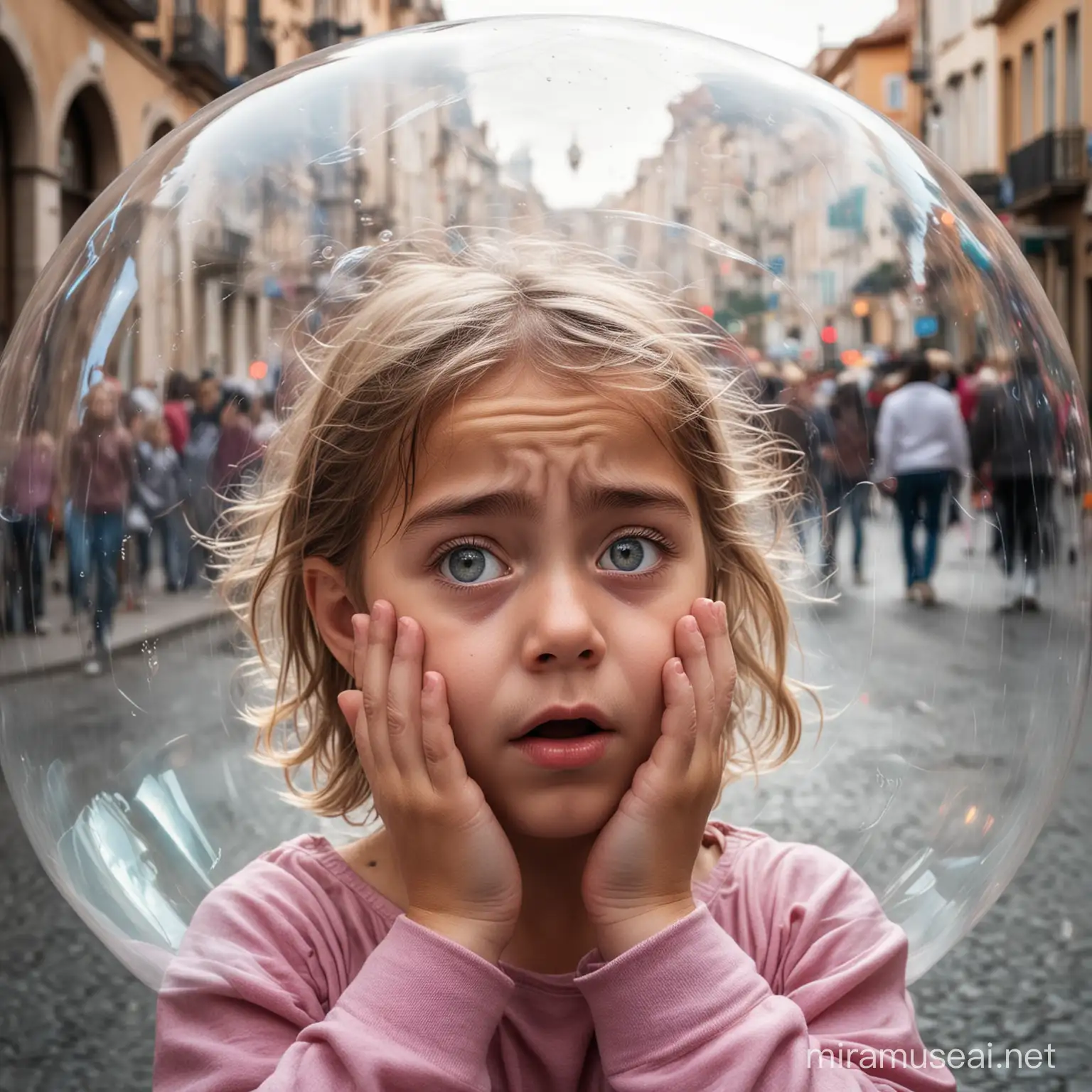 a little girl in a small transparent and elastic bubble, her eyes are squeezed shut, her hands are over her ears and she is scared, the situation is pictured in a busy street full of intimidating people.