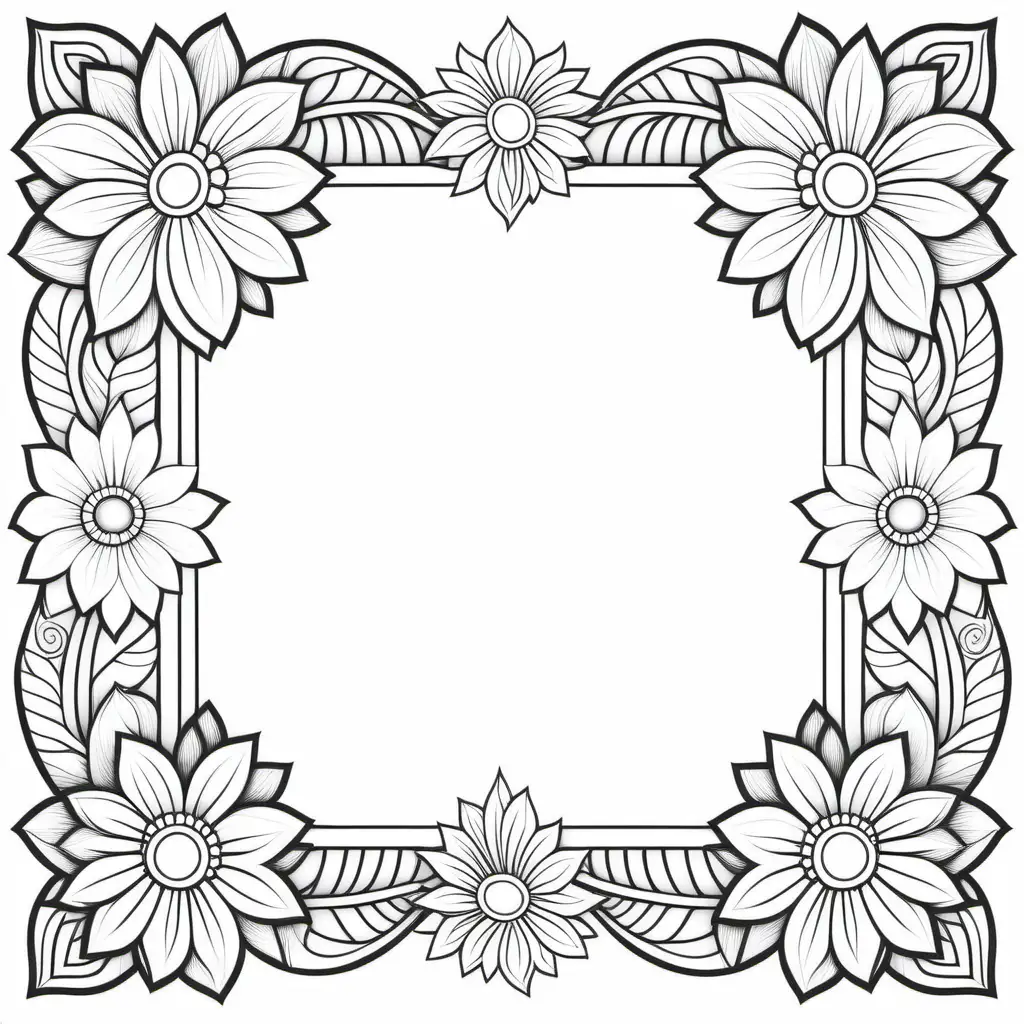 floral themed frame, coloring book page, clean line art thick black lines