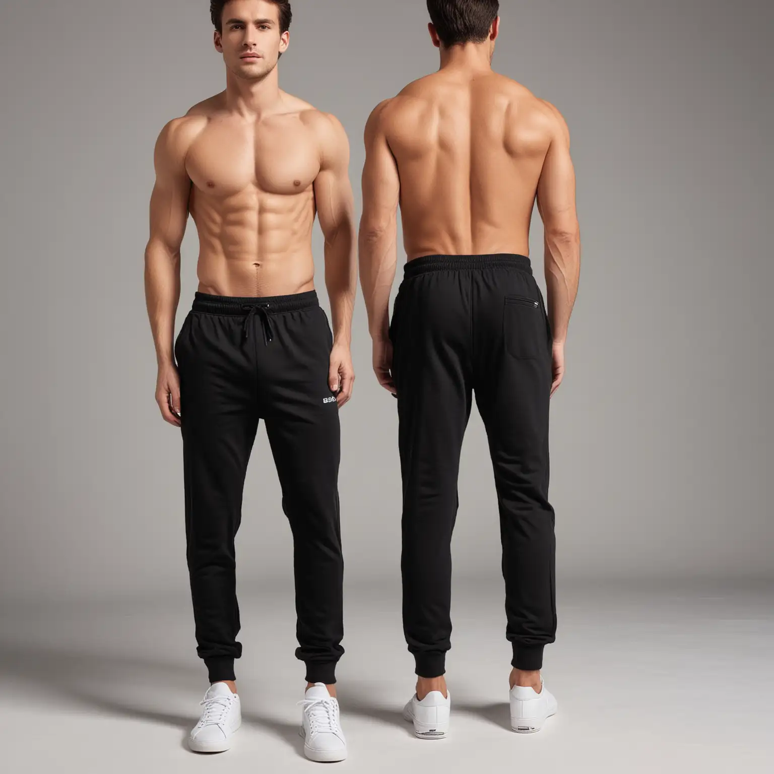 generate iamges of man wearing balck cotton track pants for gym 
from 4 differnrt angles