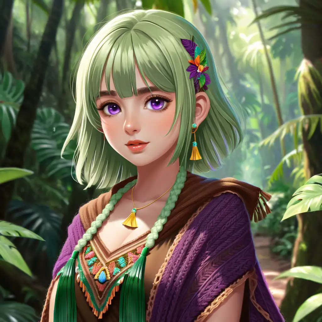 This girl but with purple eyes, wearing knitted brown shawl with tassels, in a rainforest, realistic