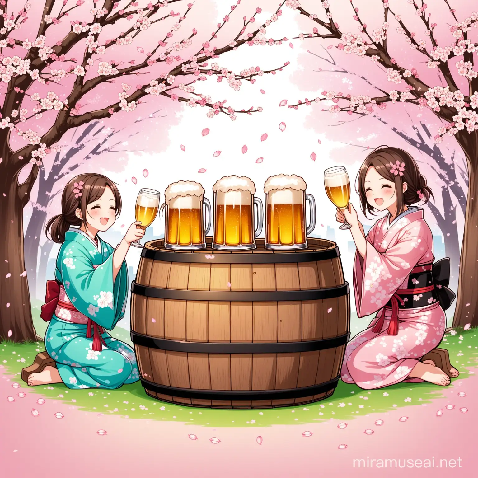 Japanese Hanami Celebration with Beer Barrel and Toasting Friends