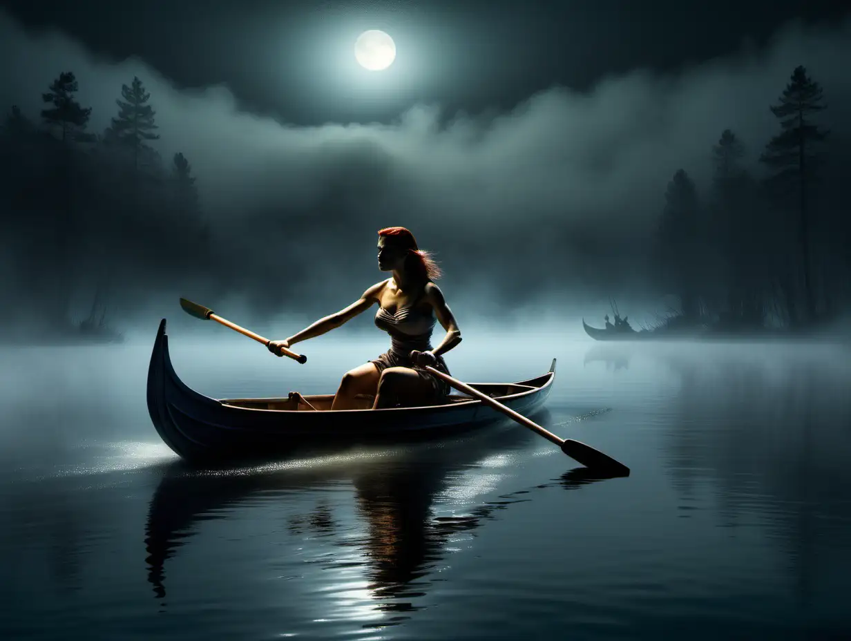 Young woman rowing across a lake late at night in heavy fog photo realistic frank frazetta style