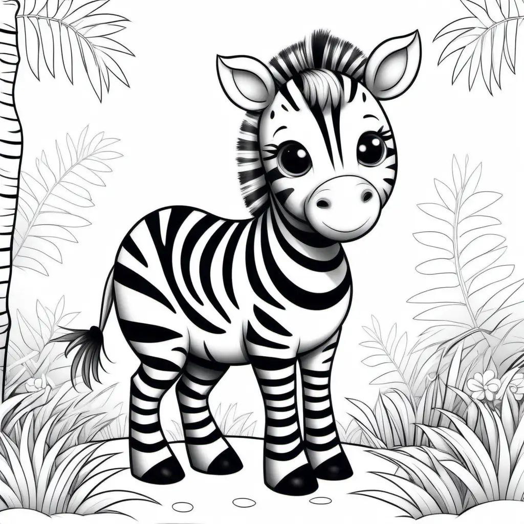 coloring page, some detail, cute zebra, black and white, cartoon, friendly