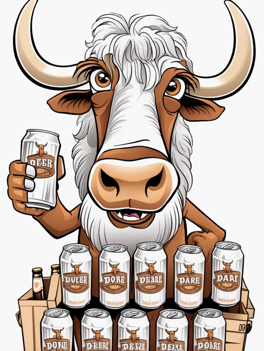 cartoon of a hairy texas longhorn holding a12 pack of beer with a don't you dare look on its face.