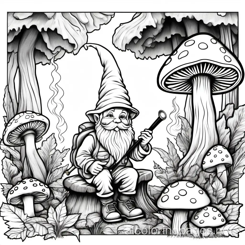 Garden gnome sitting against a mushroom smoking a long pipe in a magical mushroom forest, Coloring Page, black and white, line art, white background, Simplicity, Ample White Space. The background of the coloring page is plain white to make it easy for young children to color within the lines. The outlines of all the subjects are easy to distinguish, making it simple for kids to color without too much difficulty
