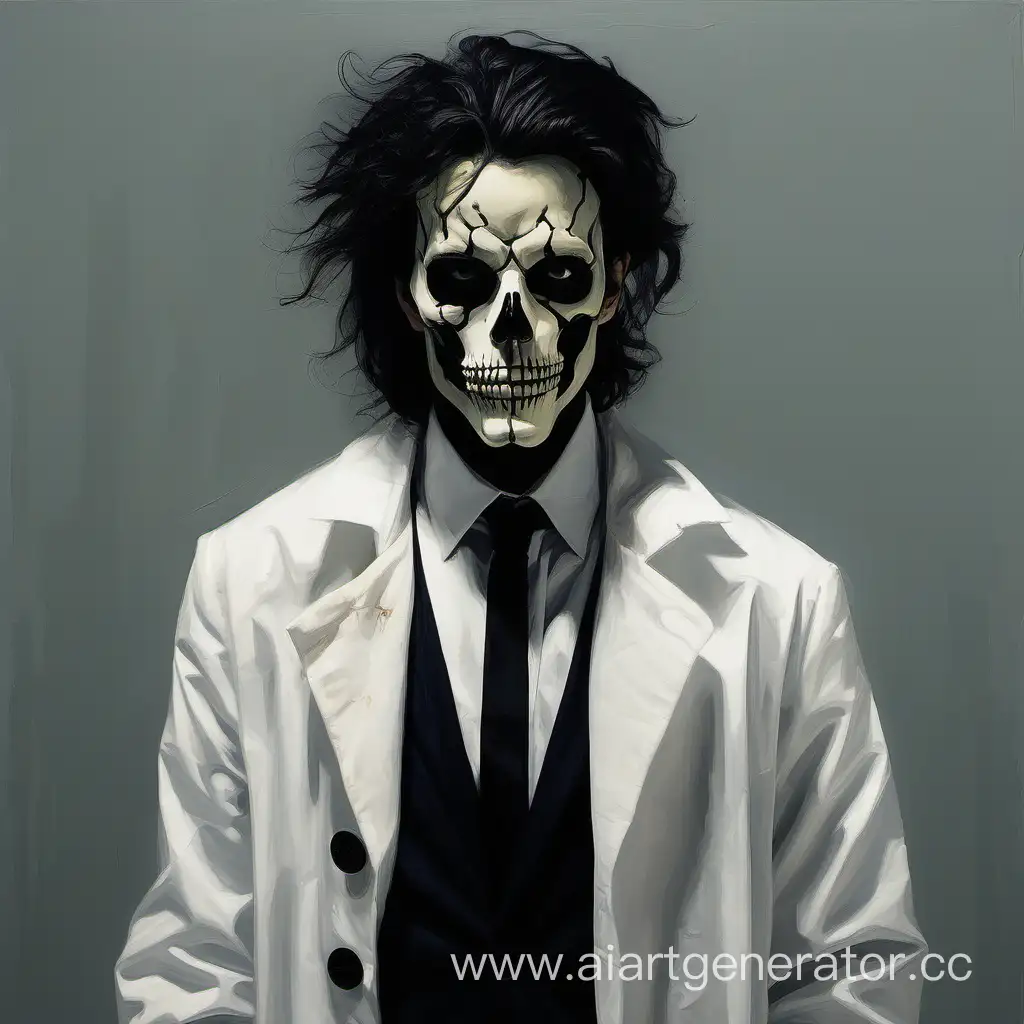 A painted Man in a mask with a skeleton on his face with black disheveled hair in a white coat and black shoes