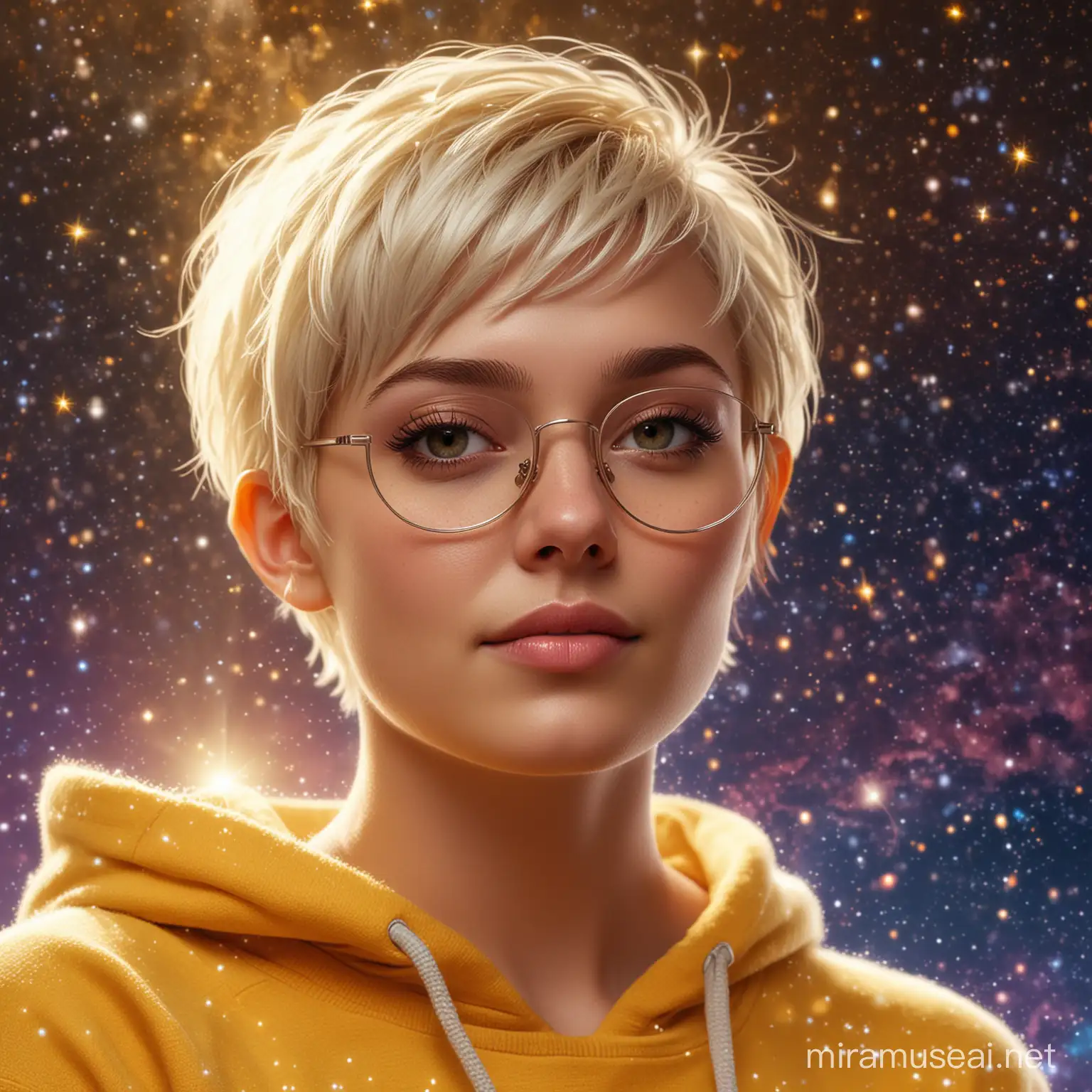 High detail, super detail, super high resolution, a beautiful white young woman with a short blonde pixie cut, wearing sunglasses, wearing a yellow hoodie, enjoying her time in a dream galaxy, surrounded by stars, warm light shining on her, the background is a starry sky with galaxies colorful and galaxy clouds, stars flying all around, delicate face, adding a cheerful atmosphere,