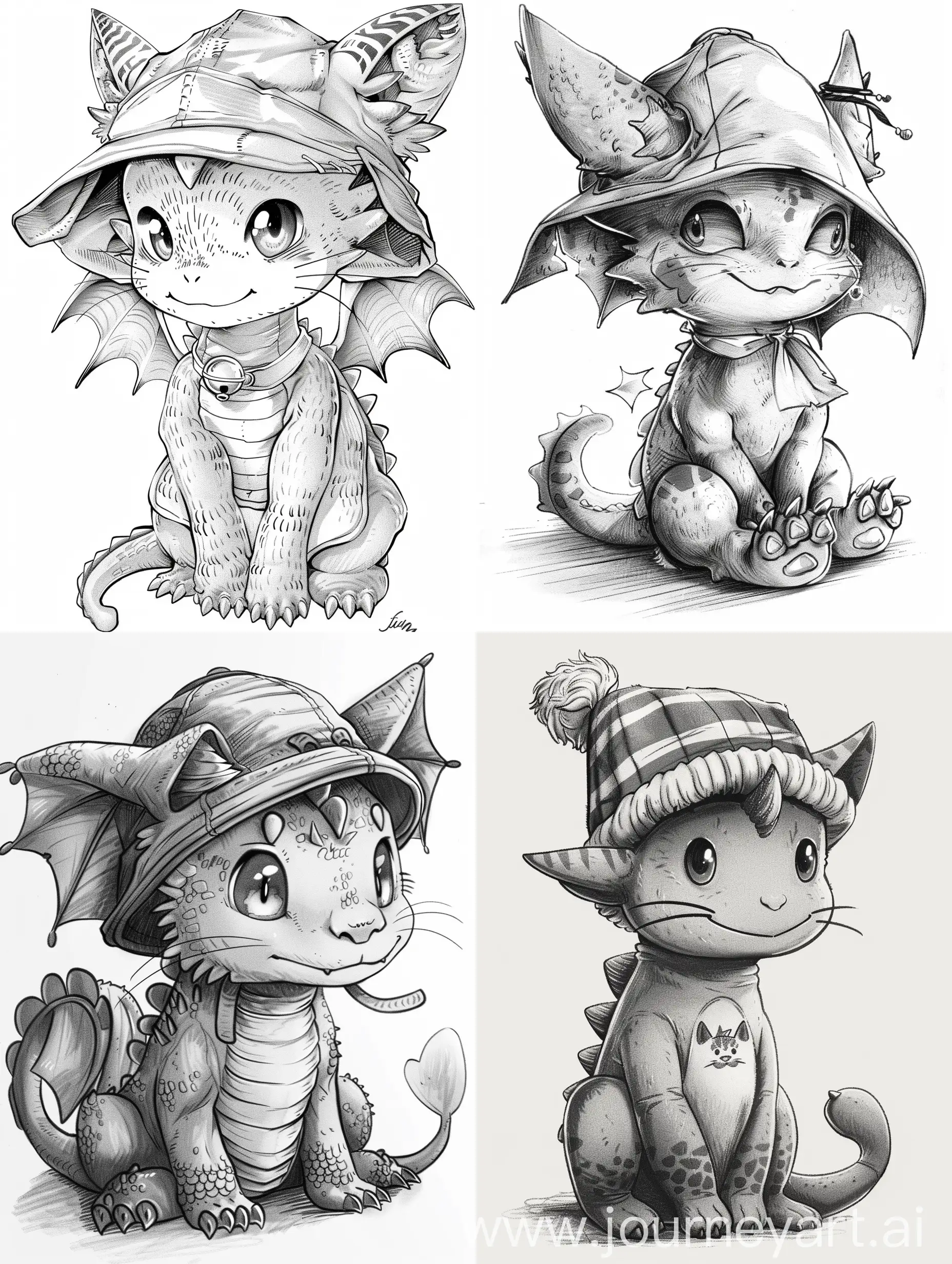 very cute dragon 6 years old waring a hat with cat ears, manga style like junji ito but cute, monochrome colors