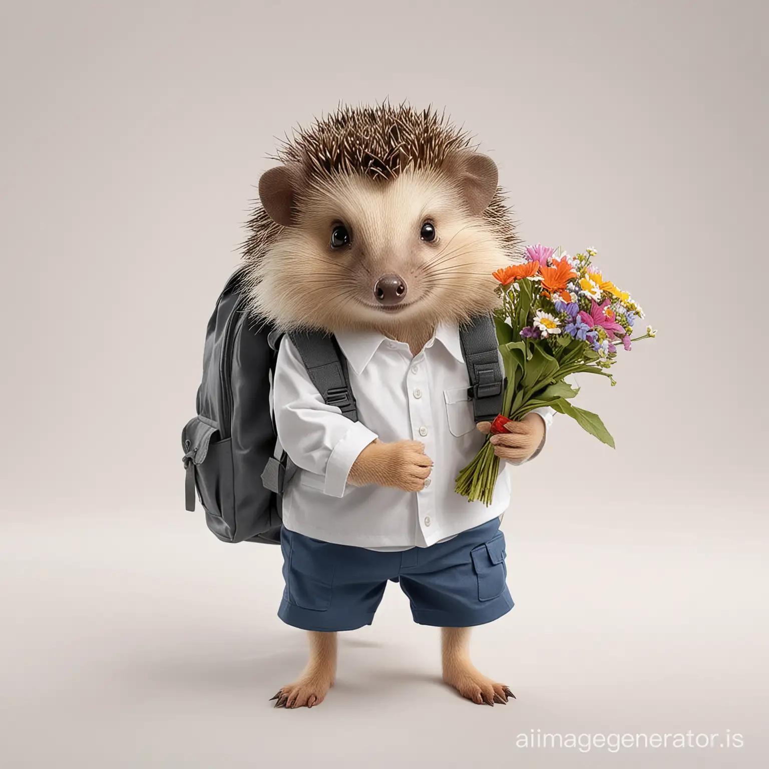 little cute hedgehog in school uniform, getting ready for school, with a backpack on its shoulders, holding a bouquet, outlined against flowers, white background