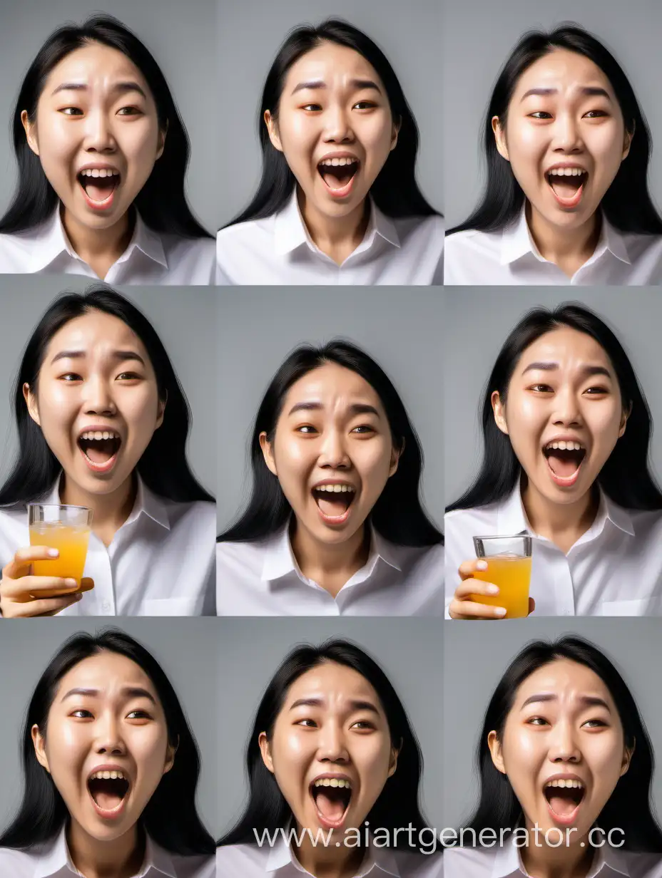 show 9 different asian  guy and female expressions of human face after tasting the drinks of a shots that changes flavour base on customers emotion, ingredient includes lemon, honey and tonic. 

Expression included, happy, sour, salty, covid 