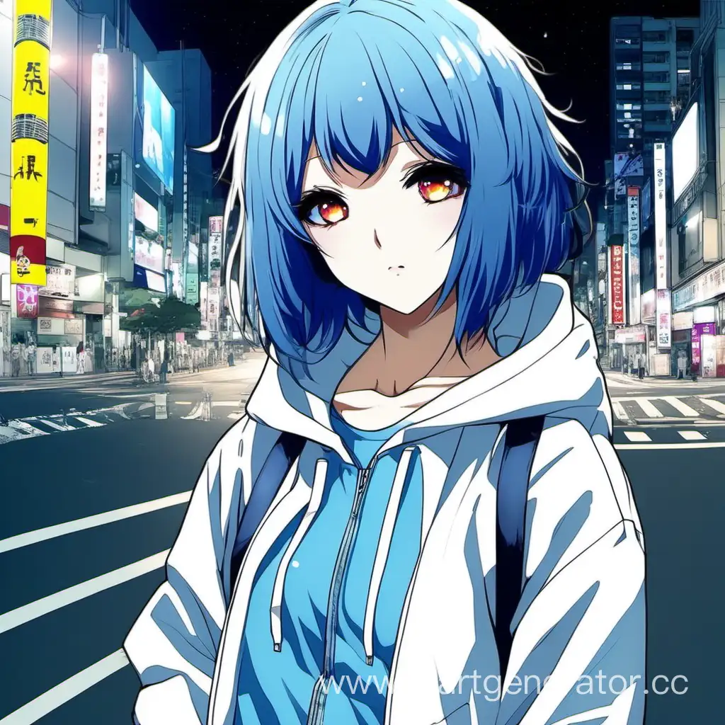 anime girl, blue bob haircut, white tracksuit, night tokyo