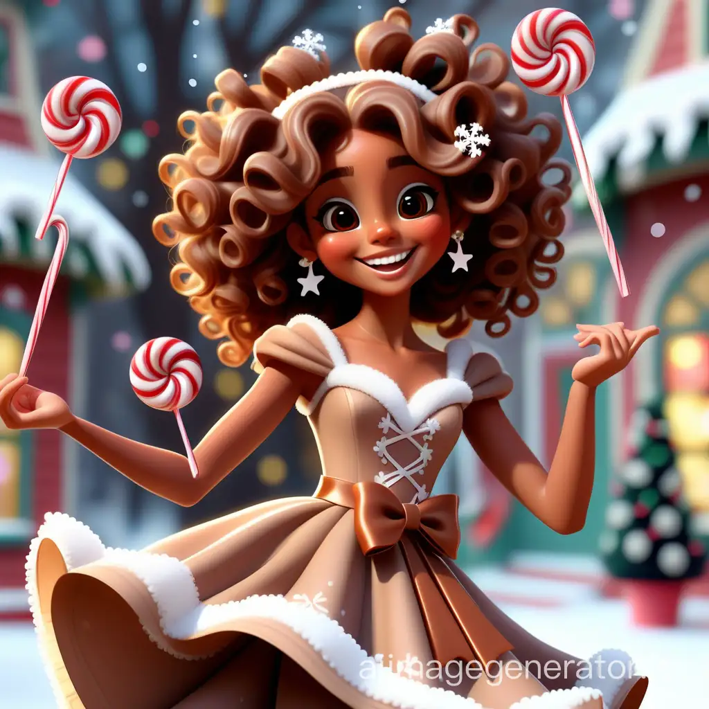 In this animated scene, a beautiful brown-skinned girl with bows adorning her curly hair giggles as she twirls in a stunning dress adorned with candy decorations. Her brown eyes sparkle with delight, and her long lashes flutter with each graceful movement. She radiates joy and charm as she dances among the snowflakes, adding a touch of sweetness to the winter wonderland around her.