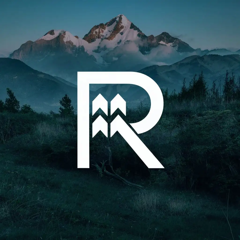 logo, mountain, tree, with the text "R", typography
