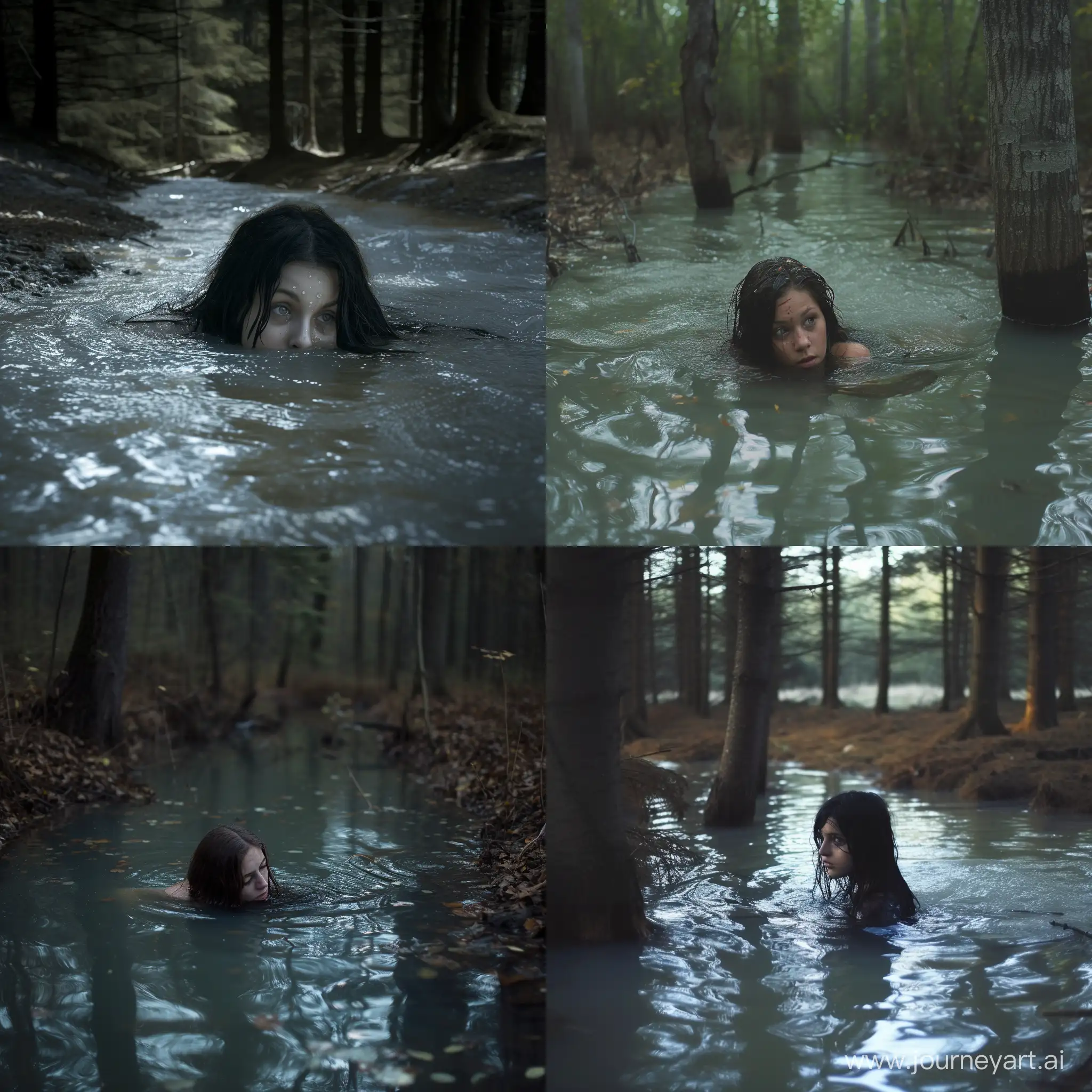 Scary girl drowning in a silver colored lake in a forest 