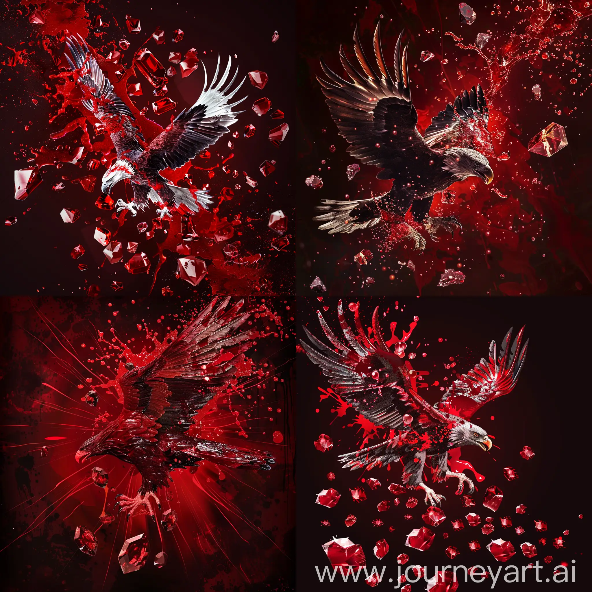 Blood splatter in the form of an eagle, ruby stone background