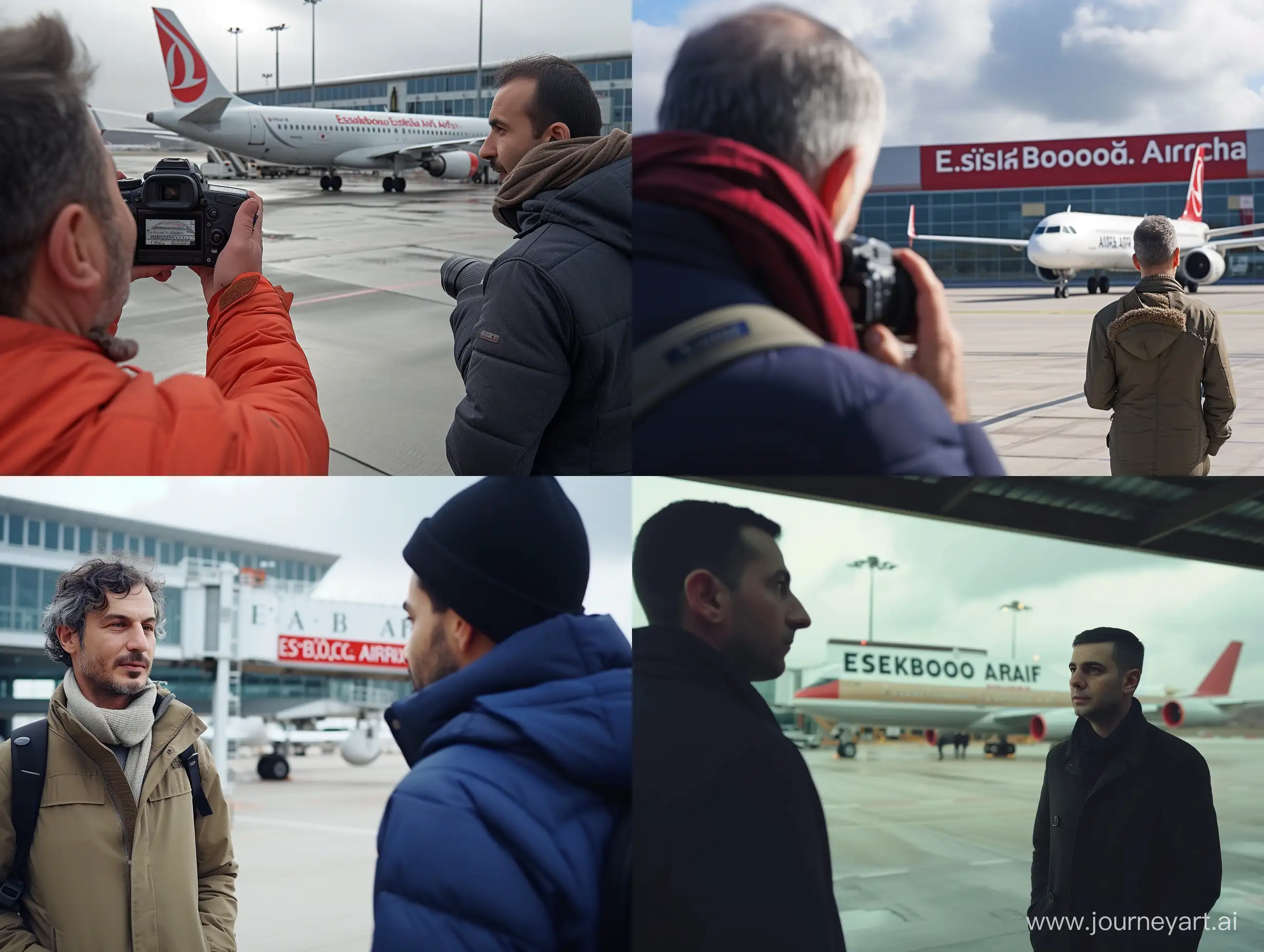 Take the photo with a Nikon camera. Let it be quite realistic. Make it look like you shot it with a professional camera. Let a man meet a man at Ankara Esenboğa Airport. Let the text Esenboğa Airport and the passenger plane appear in the background.