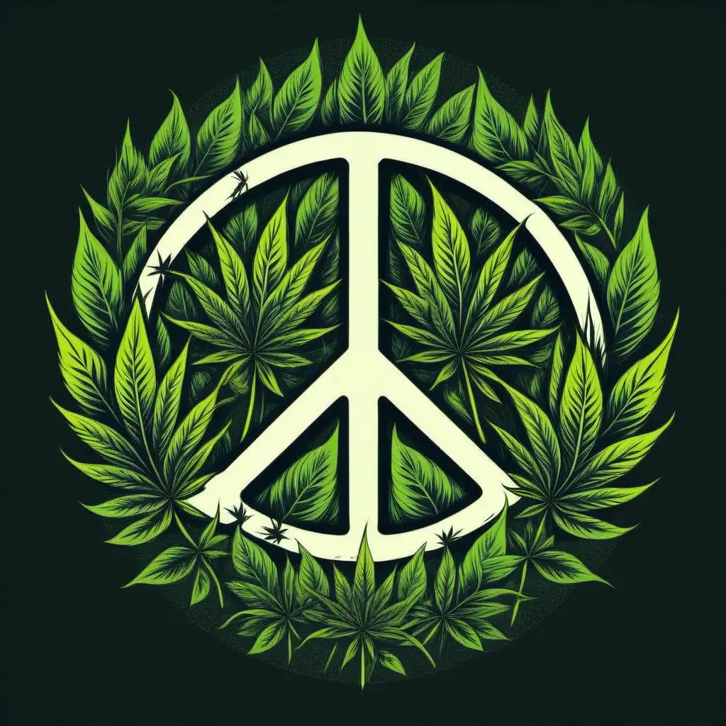 Design peace sign ,tshirt vector with bold, contrasting colors and unique textures,
white background, add a weed leaf