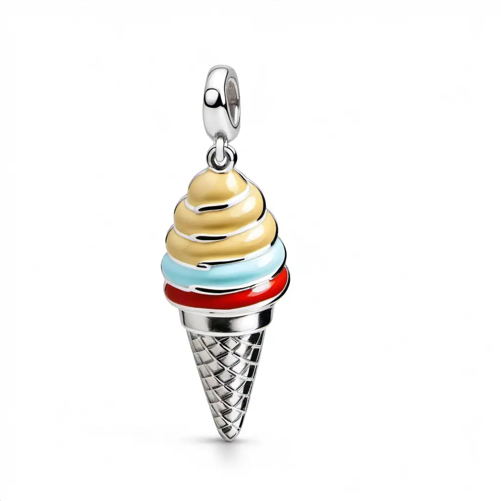 Silver Ice Cream Cone Charm on White Background with Enamel Detailing