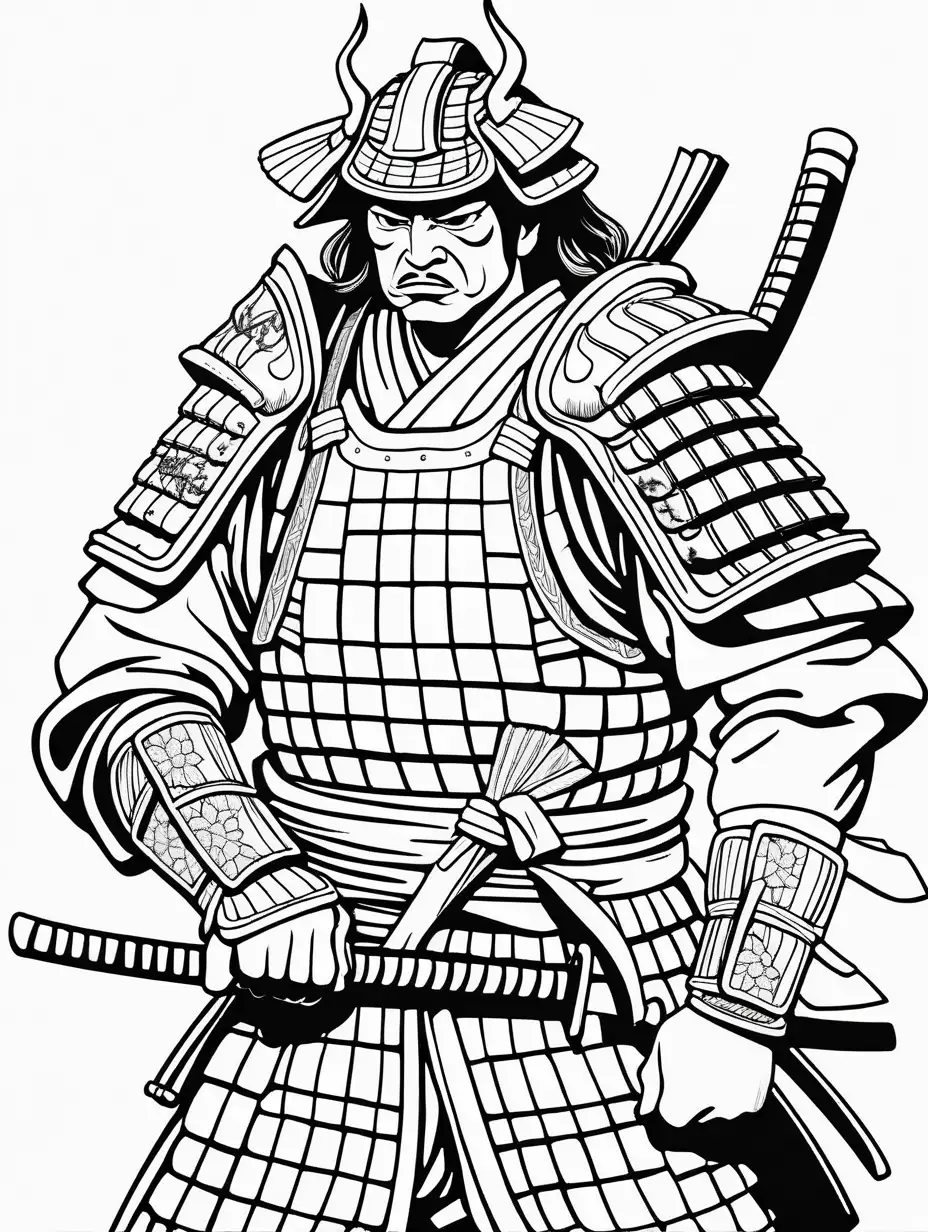 Samurai, black and white coloring page, large print no shadows, minimum details
