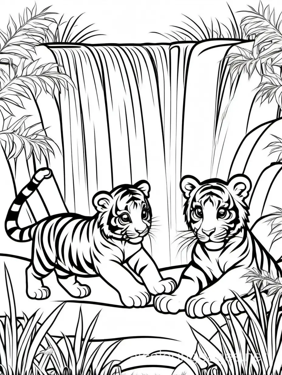Baby tigers, playing together on grass, waterfall in background,, Coloring Page, black and white, line art, white background, Simplicity, Ample White Space. The background of the coloring page is plain white to make it easy for young children to color within the lines. The outlines of all the subjects are easy to distinguish, making it simple for kids to color without too much difficulty